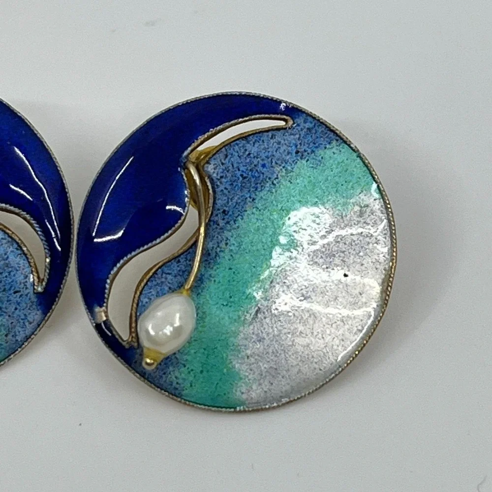 Vintage Sterling Silver Enamel Earrings Freshwater Pearl Blue Beachy Artsy